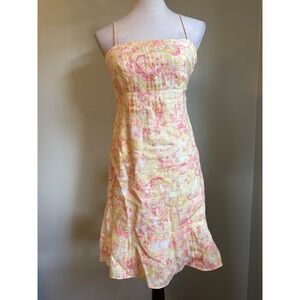 Ann Taylor Petite Floral Linen romantic Mini Dress Yellow Pink 2P fairy Y2K core